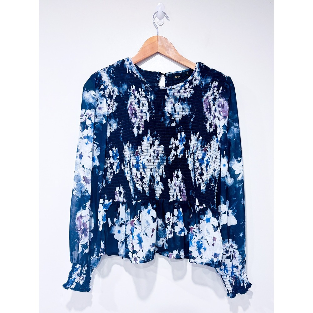 AKA Navy floral peplum blouse | Romantic Feminine Flowy | Large